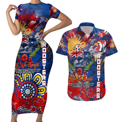 Personalised Australia Rugby Roosters ANZAC Couples Matching Short Sleeve Bodycon Dress and Hawaiian Shirt Sydney Scratch Style