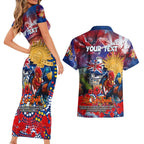 Personalised Australia Rugby Roosters ANZAC Couples Matching Short Sleeve Bodycon Dress and Hawaiian Shirt Sydney Scratch Style