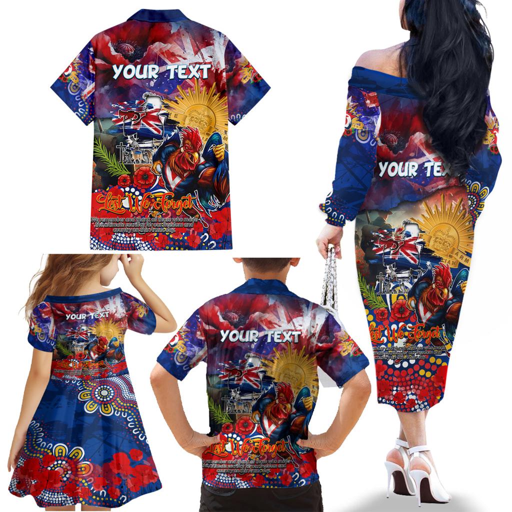Personalised Australia Rugby Roosters ANZAC Family Matching Off The Shoulder Long Sleeve Dress and Hawaiian Shirt Sydney Scratch Style