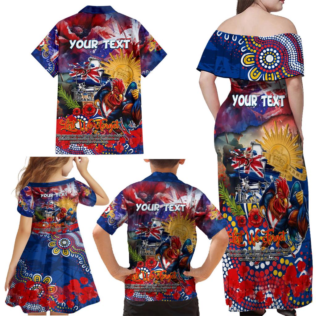 Personalised Australia Rugby Roosters ANZAC Family Matching Off Shoulder Maxi Dress and Hawaiian Shirt Sydney Scratch Style