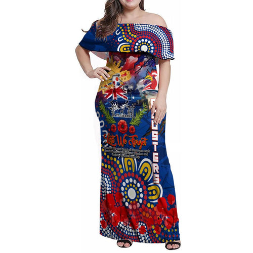 Personalised Australia Rugby Roosters ANZAC Family Matching Off Shoulder Maxi Dress and Hawaiian Shirt Sydney Scratch Style