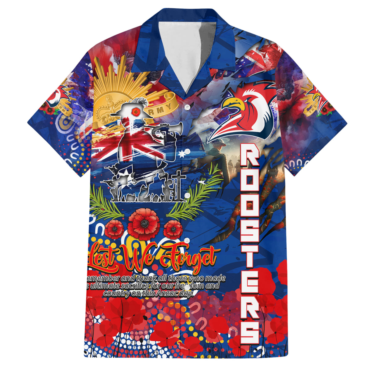 Personalised Australia Rugby Roosters ANZAC Hawaiian Shirt Sydney Scratch Style