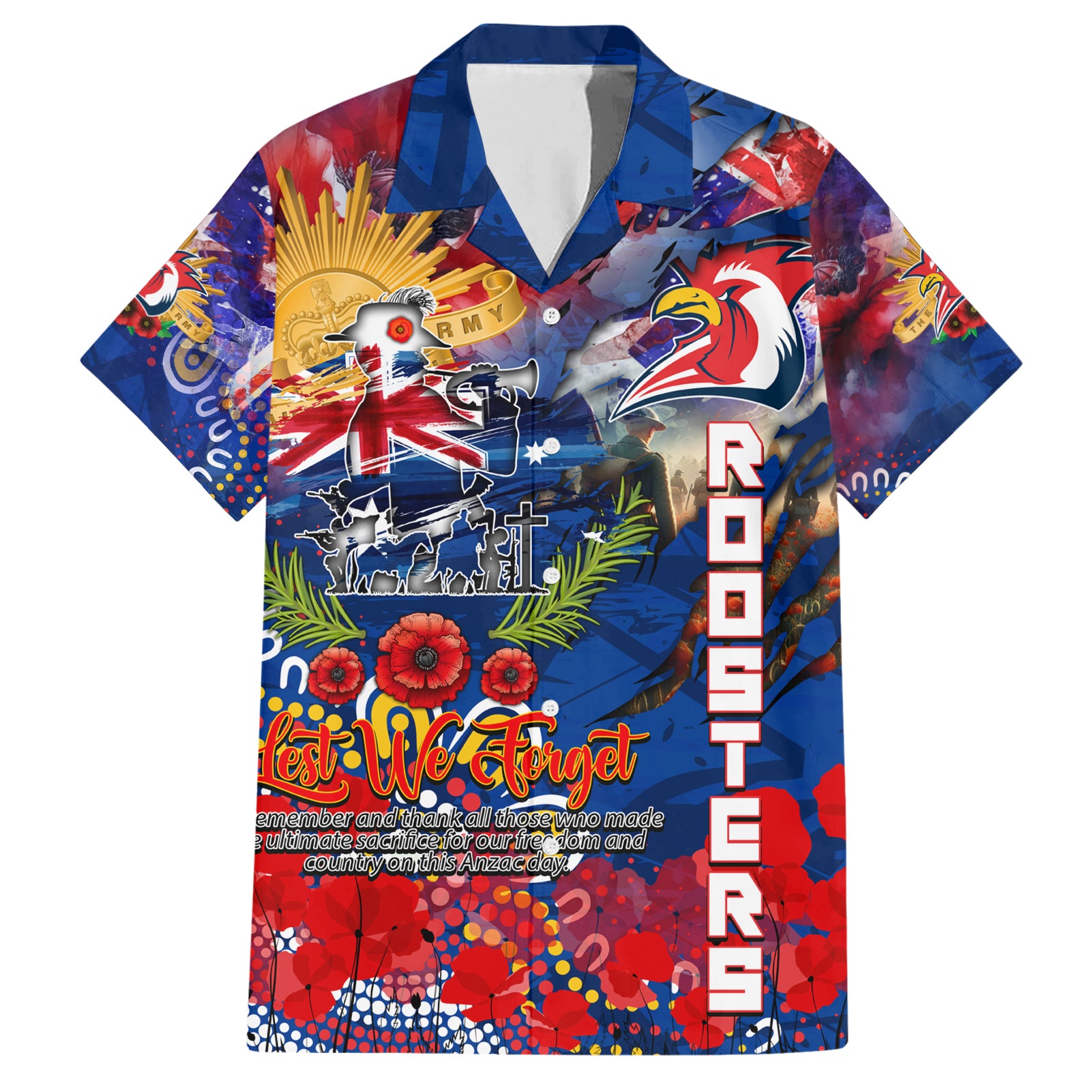 Personalised Australia Rugby Roosters ANZAC Hawaiian Shirt Sydney Scratch Style