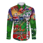 Personalised New Zealand Warriors ANZAC Long Sleeve Button Shirt Scratch Style DT02