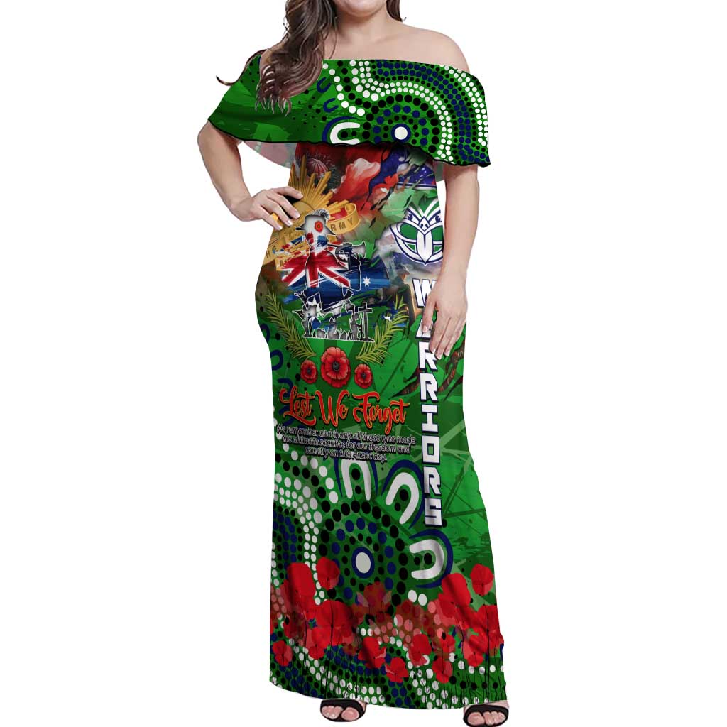 Personalised New Zealand Warriors ANZAC Off Shoulder Maxi Dress Scratch Style DT02