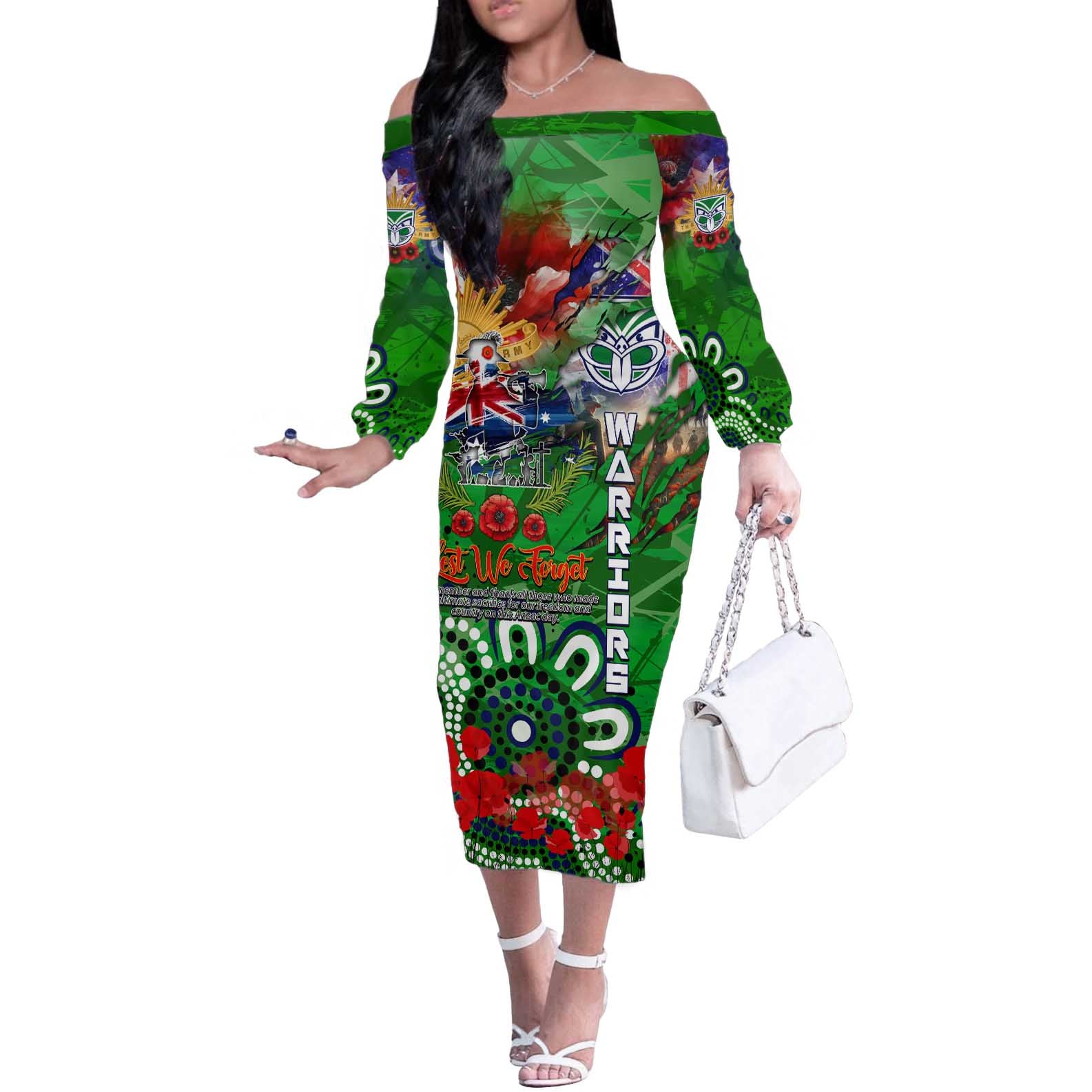 Personalised New Zealand Warriors ANZAC Off The Shoulder Long Sleeve Dress Scratch Style DT02