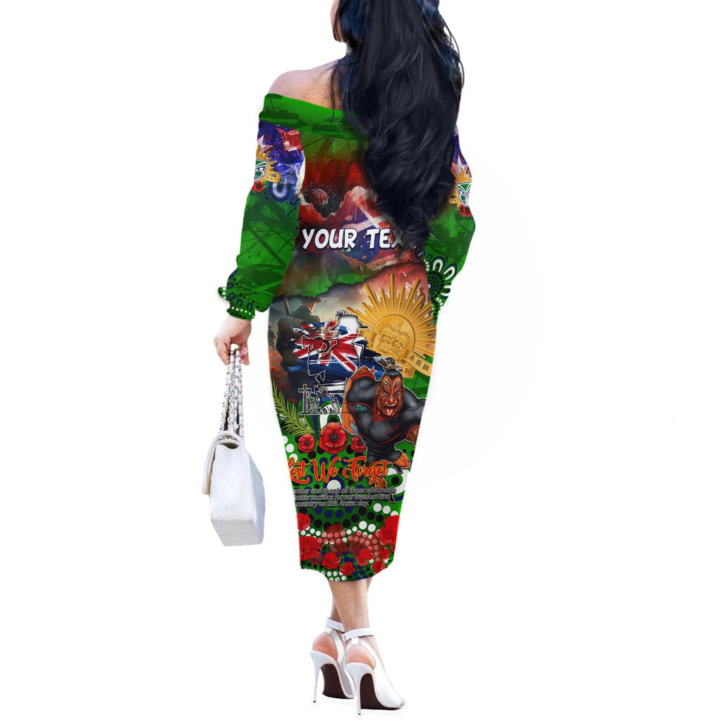 Personalised New Zealand Warriors ANZAC Off The Shoulder Long Sleeve Dress Scratch Style DT02