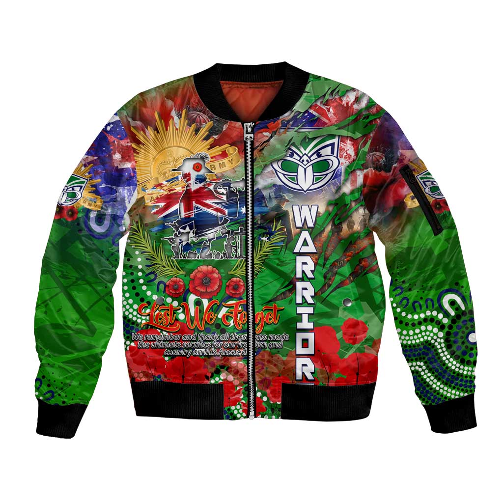 Personalised New Zealand Warriors ANZAC Sleeve Zip Bomber Jacket Scratch Style DT02