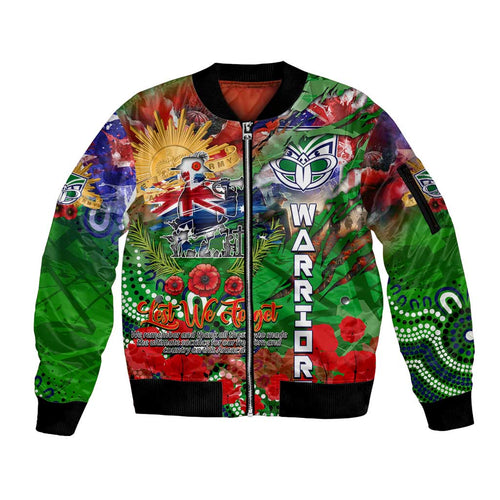 Personalised New Zealand Warriors ANZAC Sleeve Zip Bomber Jacket Scratch Style DT02
