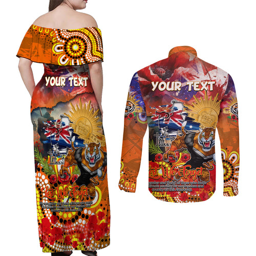 Personalised Australia Rugby Tigers ANZAC Couples Matching Off Shoulder Maxi Dress and Long Sleeve Button Shirt Wests Scratch Style