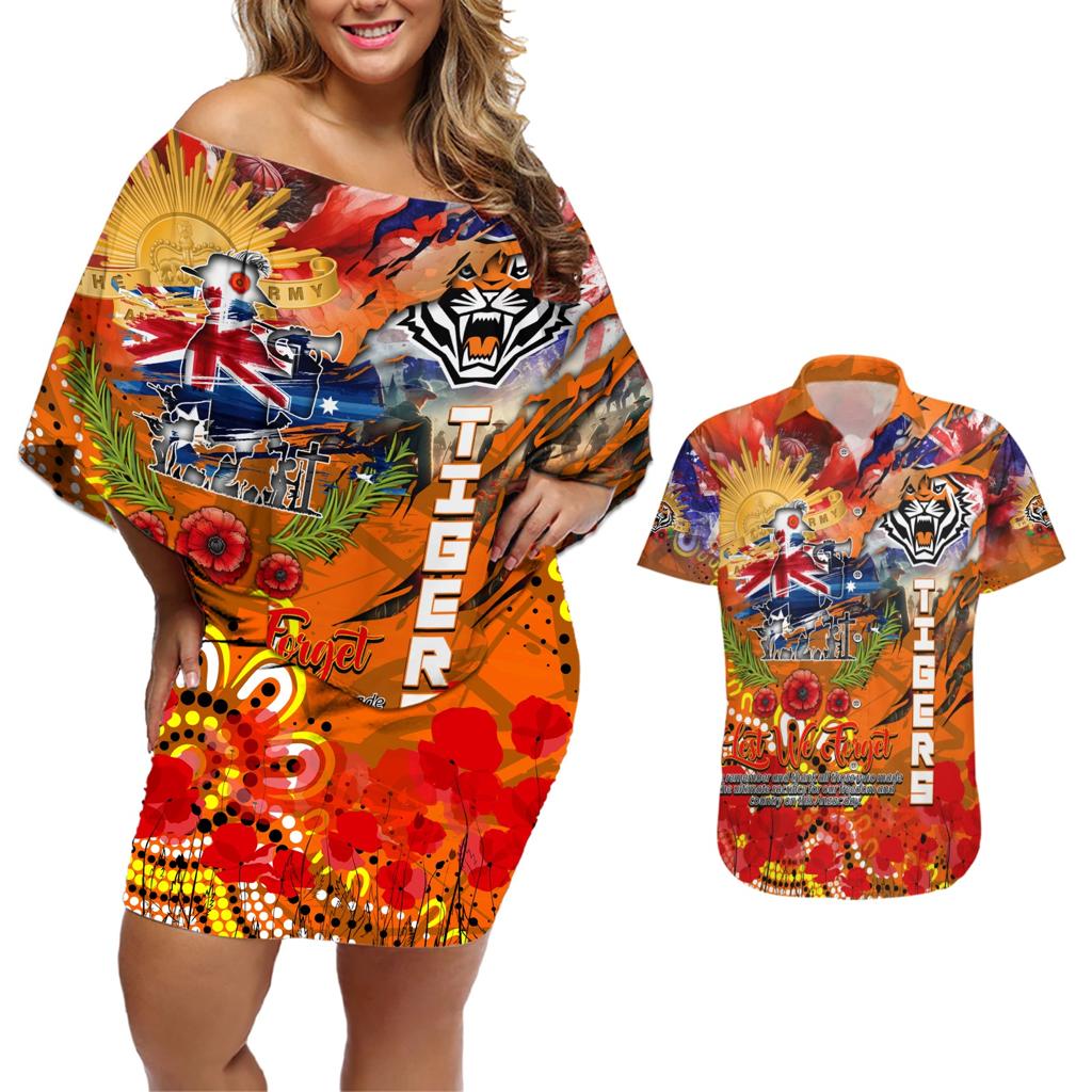 Personalised Australia Rugby Tigers ANZAC Couples Matching Off Shoulder Short Dress and Hawaiian Shirt Wests Scratch Style