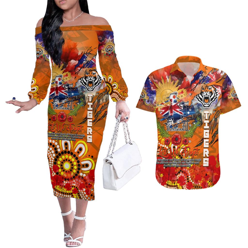 Personalised Australia Rugby Tigers ANZAC Couples Matching Off The Shoulder Long Sleeve Dress and Hawaiian Shirt Wests Scratch Style