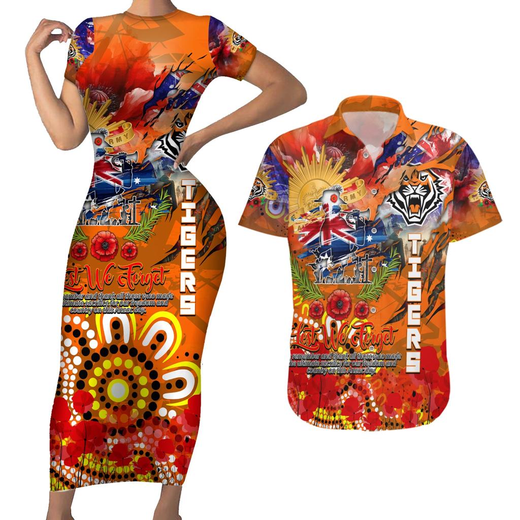 Personalised Australia Rugby Tigers ANZAC Couples Matching Short Sleeve Bodycon Dress and Hawaiian Shirt Wests Scratch Style