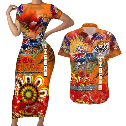 Personalised Australia Rugby Tigers ANZAC Couples Matching Short Sleeve Bodycon Dress and Hawaiian Shirt Wests Scratch Style