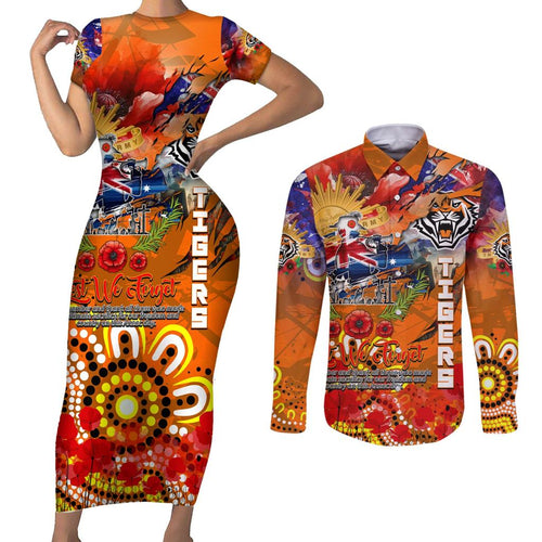 Personalised Australia Rugby Tigers ANZAC Couples Matching Short Sleeve Bodycon Dress and Long Sleeve Button Shirt Wests Scratch Style