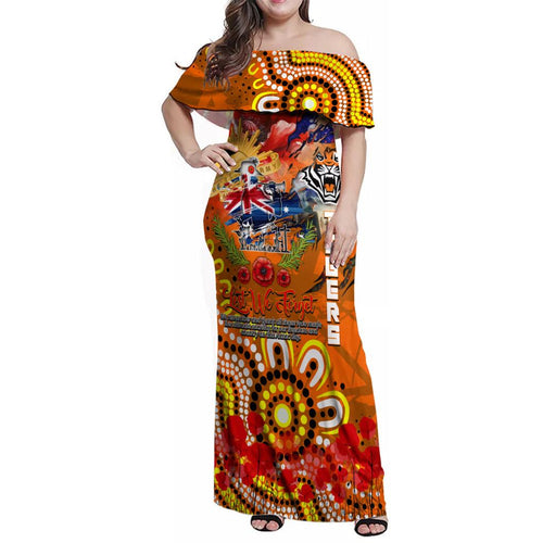 Personalised Australia Rugby Tigers ANZAC Family Matching Off Shoulder Maxi Dress and Hawaiian Shirt Wests Scratch Style