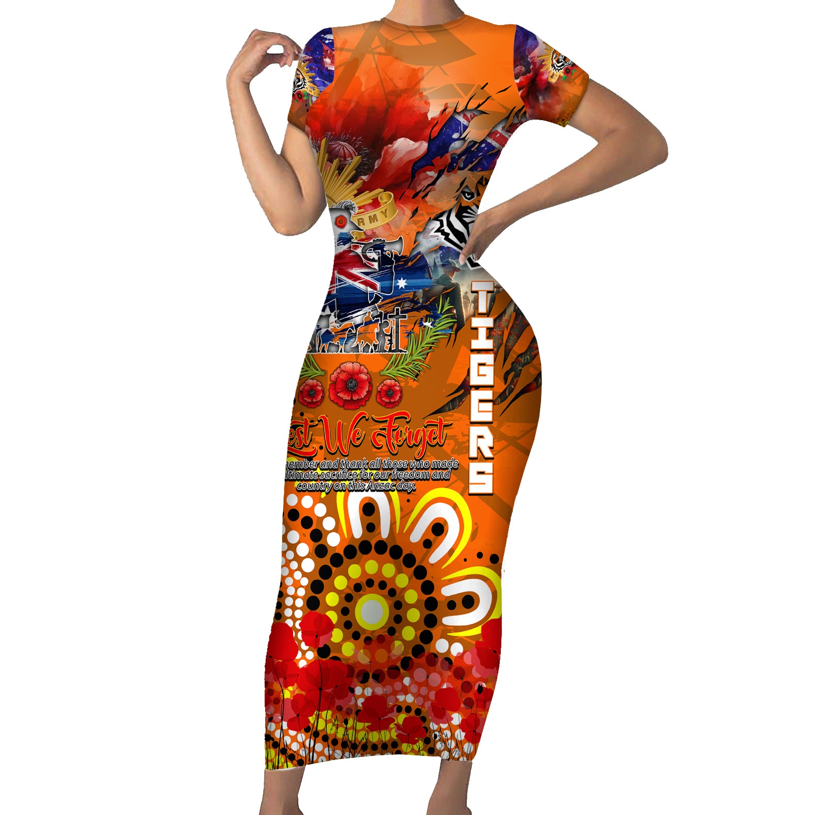 Personalised Australia Rugby Tigers ANZAC Short Sleeve Bodycon Dress Wests Scratch Style