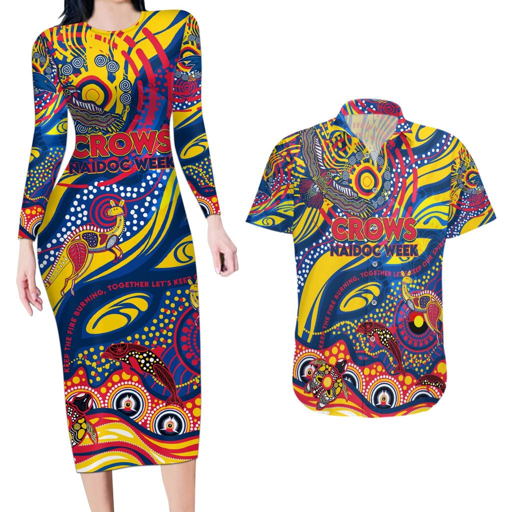 Custom NAIDOC Week 2024 Crows Couples Matching Long Sleeve Bodycon Dress and Hawaiian Shirt Aboriginal Animals Keep The Fire Burning