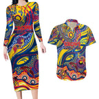 Custom NAIDOC Week 2024 Crows Couples Matching Long Sleeve Bodycon Dress and Hawaiian Shirt Aboriginal Animals Keep The Fire Burning