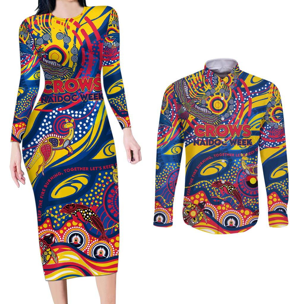 Custom NAIDOC Week 2024 Crows Couples Matching Long Sleeve Bodycon Dress and Long Sleeve Button Shirt Aboriginal Animals Keep The Fire Burning