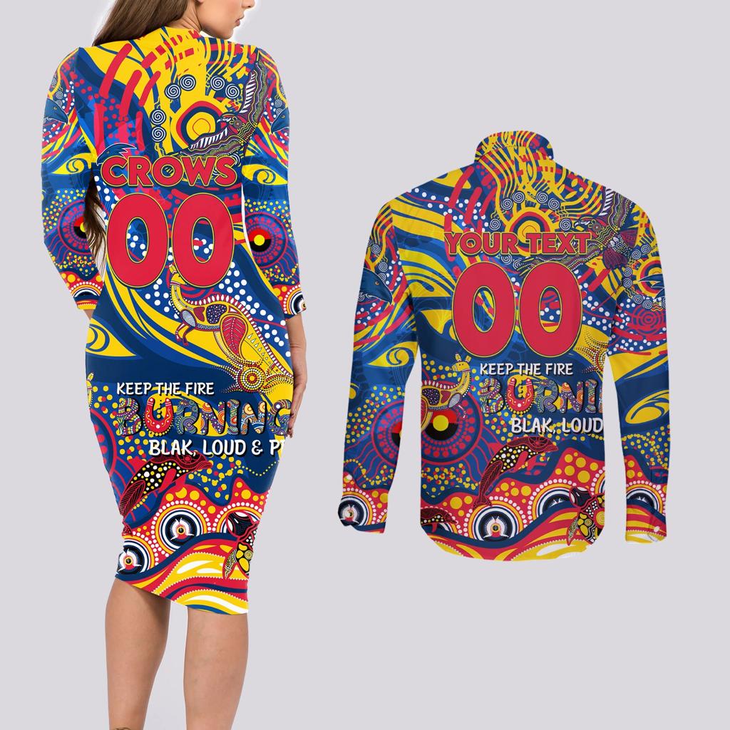 Custom NAIDOC Week 2024 Crows Couples Matching Long Sleeve Bodycon Dress and Long Sleeve Button Shirt Aboriginal Animals Keep The Fire Burning
