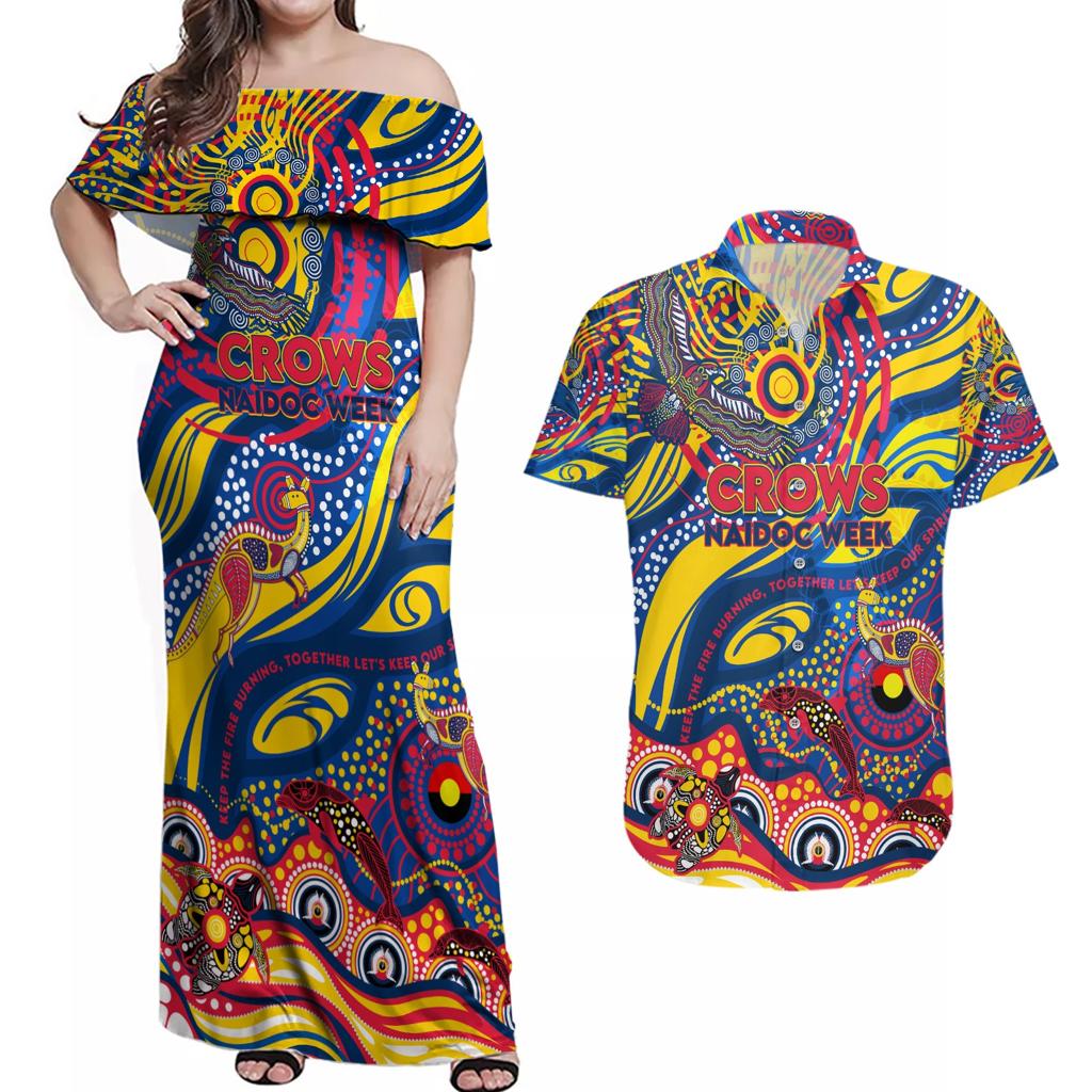 Custom NAIDOC Week 2024 Crows Couples Matching Off Shoulder Maxi Dress and Hawaiian Shirt Aboriginal Animals Keep The Fire Burning