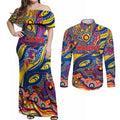 Custom NAIDOC Week 2024 Crows Couples Matching Off Shoulder Maxi Dress and Long Sleeve Button Shirt Aboriginal Animals Keep The Fire Burning