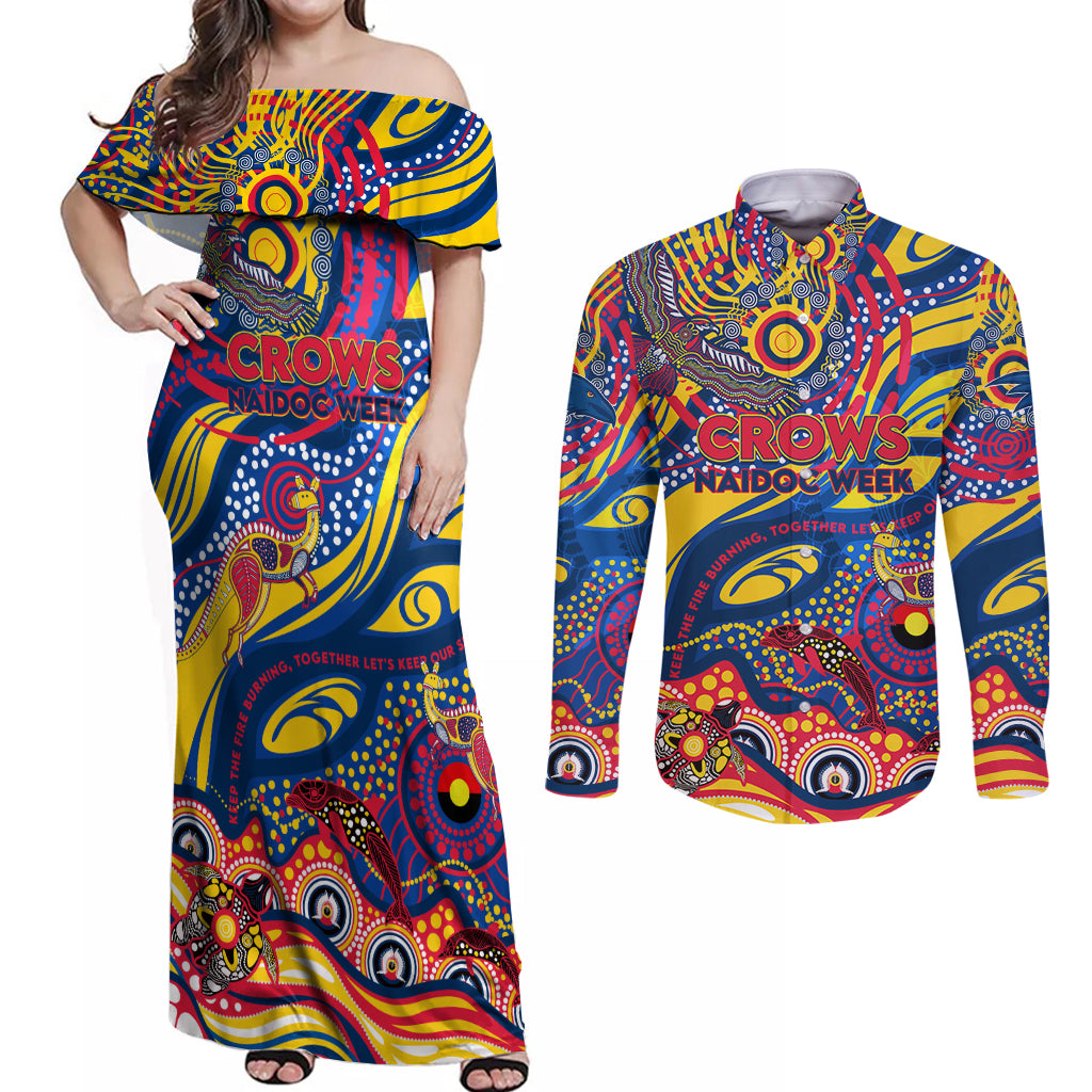 Custom NAIDOC Week 2024 Crows Couples Matching Off Shoulder Maxi Dress and Long Sleeve Button Shirt Aboriginal Animals Keep The Fire Burning