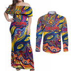 Custom NAIDOC Week 2024 Crows Couples Matching Off Shoulder Maxi Dress and Long Sleeve Button Shirt Aboriginal Animals Keep The Fire Burning