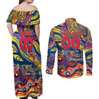 Custom NAIDOC Week 2024 Crows Couples Matching Off Shoulder Maxi Dress and Long Sleeve Button Shirt Aboriginal Animals Keep The Fire Burning