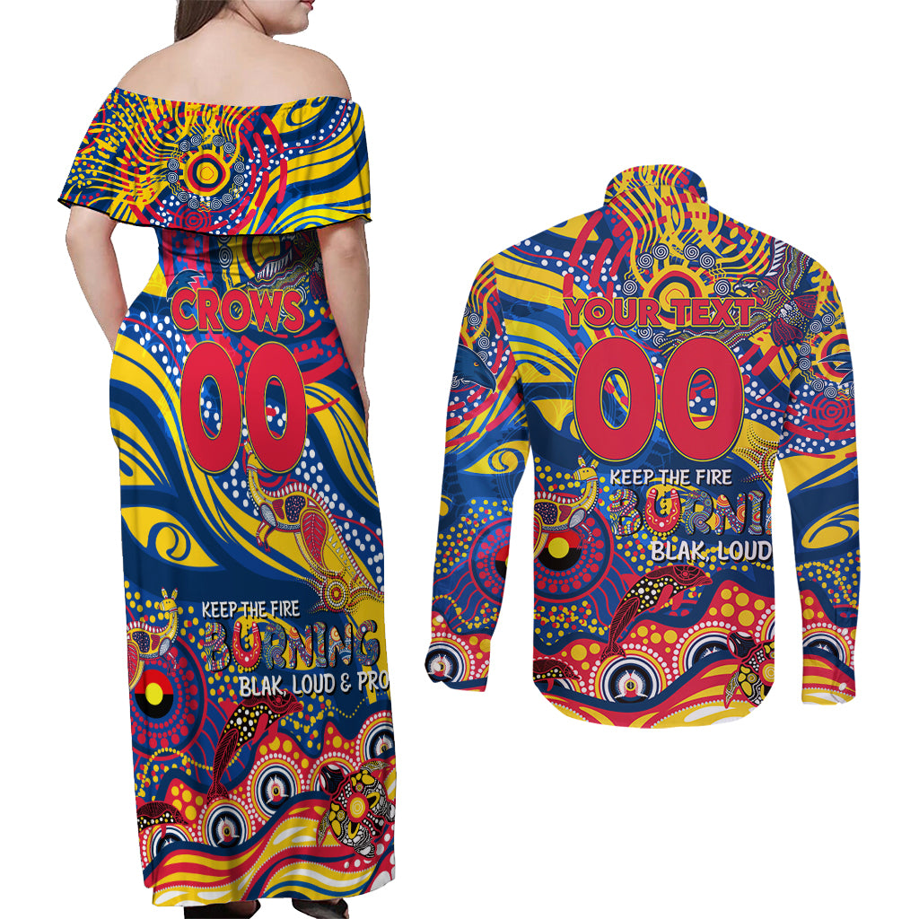 Custom NAIDOC Week 2024 Crows Couples Matching Off Shoulder Maxi Dress and Long Sleeve Button Shirt Aboriginal Animals Keep The Fire Burning