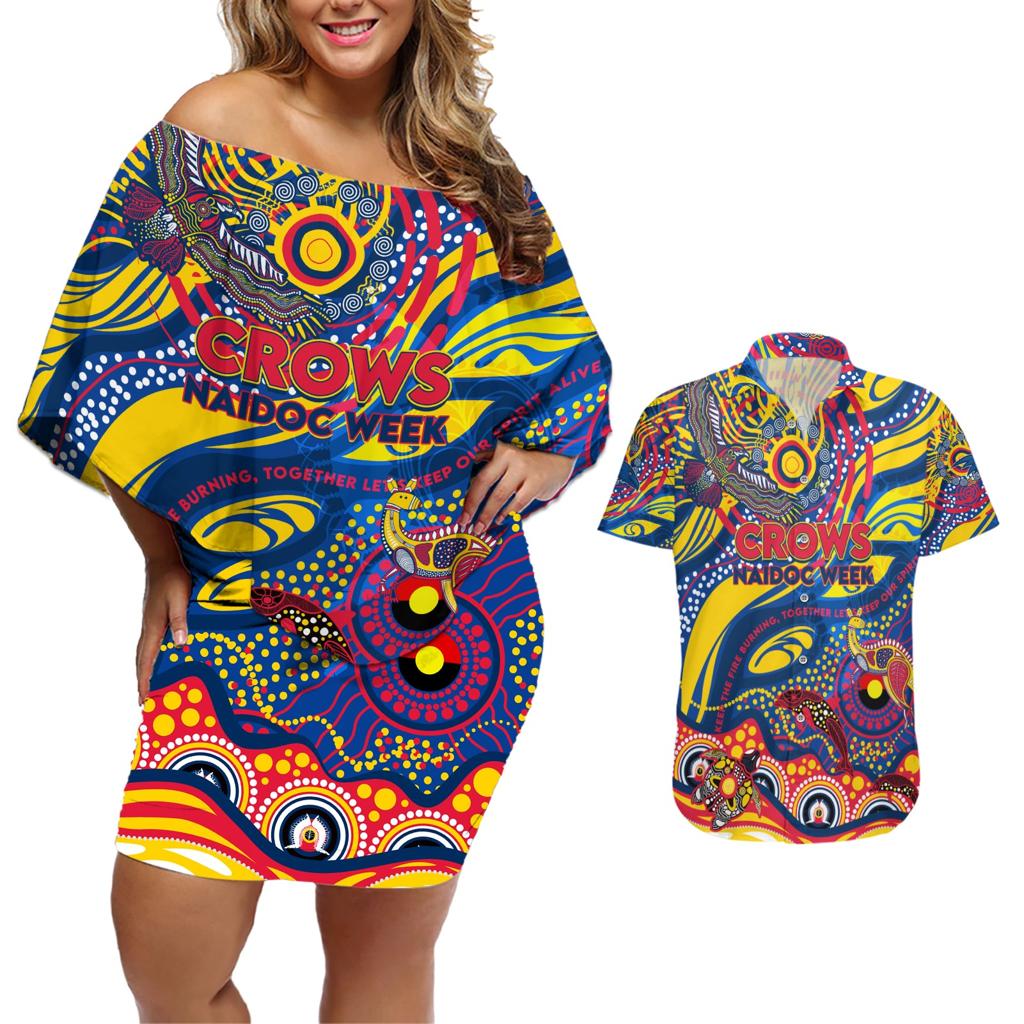 Custom NAIDOC Week 2024 Crows Couples Matching Off Shoulder Short Dress and Hawaiian Shirt Aboriginal Animals Keep The Fire Burning
