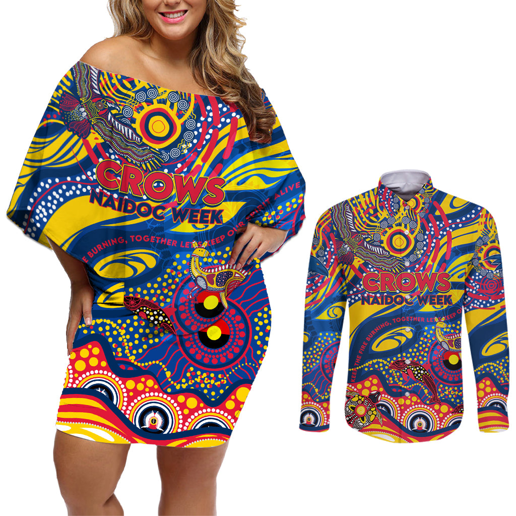 Custom NAIDOC Week 2024 Crows Couples Matching Off Shoulder Short Dress and Long Sleeve Button Shirt Aboriginal Animals Keep The Fire Burning
