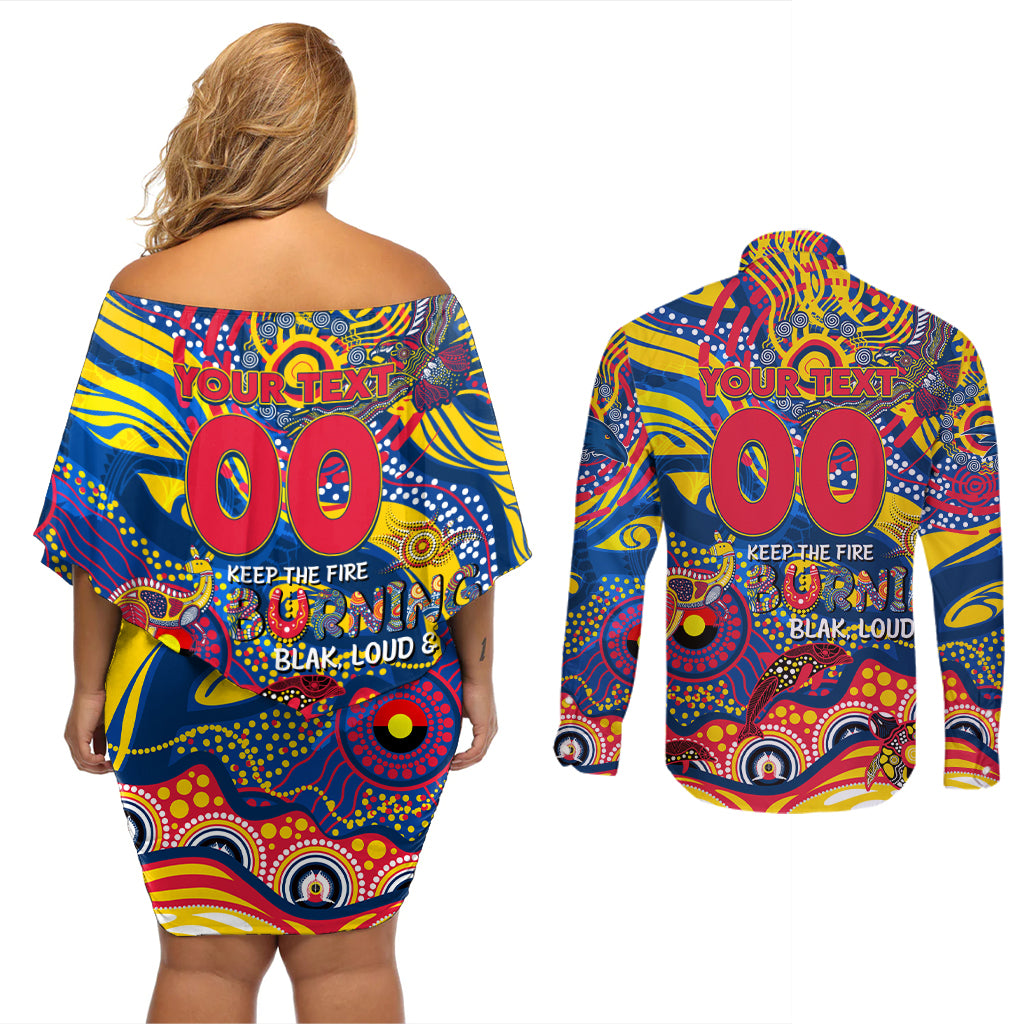 Custom NAIDOC Week 2024 Crows Couples Matching Off Shoulder Short Dress and Long Sleeve Button Shirt Aboriginal Animals Keep The Fire Burning