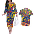 Custom NAIDOC Week 2024 Crows Couples Matching Off The Shoulder Long Sleeve Dress and Hawaiian Shirt Aboriginal Animals Keep The Fire Burning
