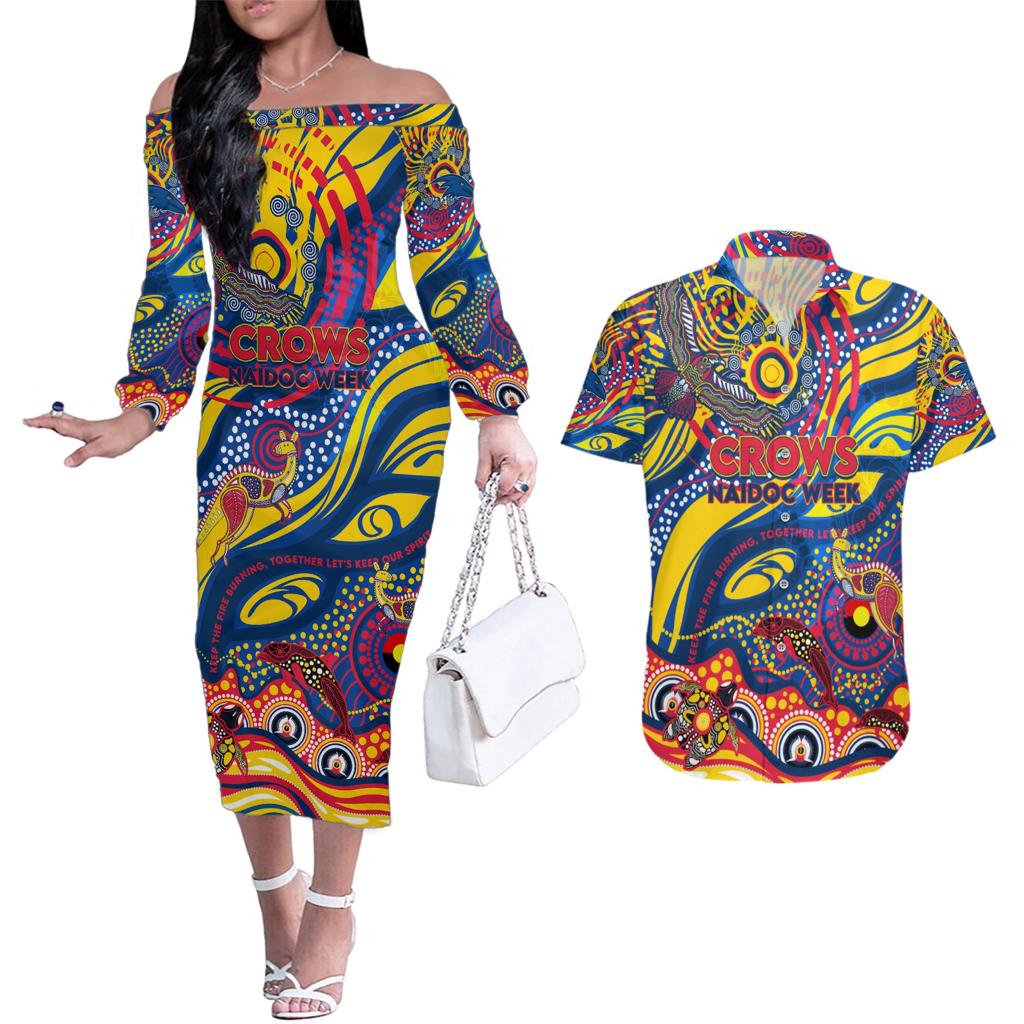 Custom NAIDOC Week 2024 Crows Couples Matching Off The Shoulder Long Sleeve Dress and Hawaiian Shirt Aboriginal Animals Keep The Fire Burning