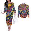 Custom NAIDOC Week 2024 Crows Couples Matching Off The Shoulder Long Sleeve Dress and Long Sleeve Button Shirt Aboriginal Animals Keep The Fire Burning