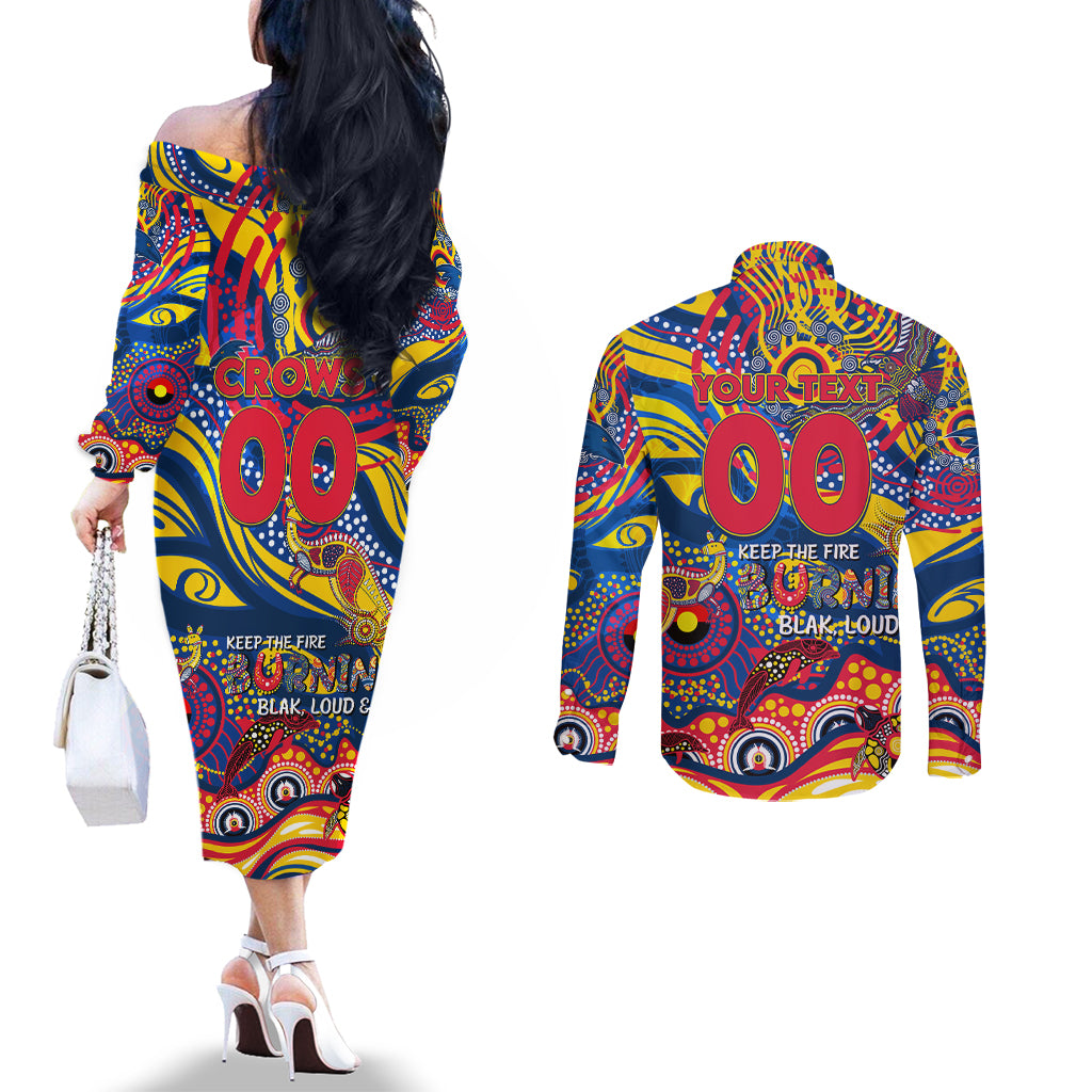 Custom NAIDOC Week 2024 Crows Couples Matching Off The Shoulder Long Sleeve Dress and Long Sleeve Button Shirt Aboriginal Animals Keep The Fire Burning