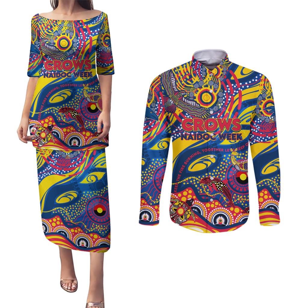 Custom NAIDOC Week 2024 Crows Couples Matching Puletasi and Long Sleeve Button Shirt Aboriginal Animals Keep The Fire Burning