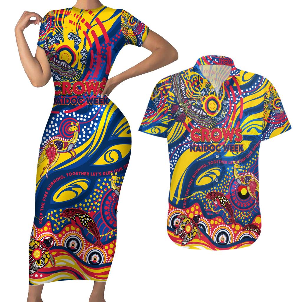 Custom NAIDOC Week 2024 Crows Couples Matching Short Sleeve Bodycon Dress and Hawaiian Shirt Aboriginal Animals Keep The Fire Burning