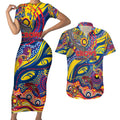 Custom NAIDOC Week 2024 Crows Couples Matching Short Sleeve Bodycon Dress and Hawaiian Shirt Aboriginal Animals Keep The Fire Burning