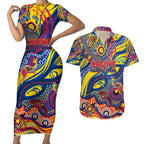 Custom NAIDOC Week 2024 Crows Couples Matching Short Sleeve Bodycon Dress and Hawaiian Shirt Aboriginal Animals Keep The Fire Burning