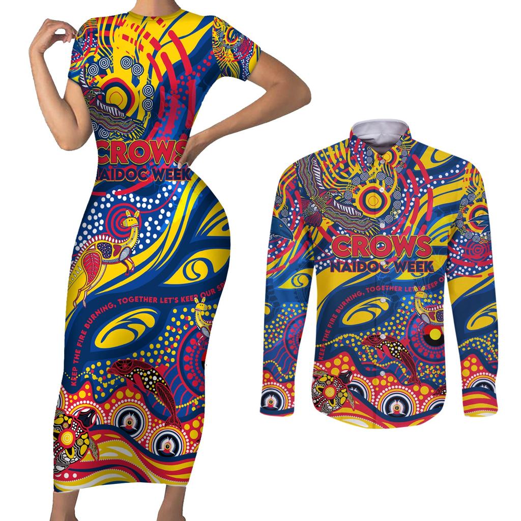 Custom NAIDOC Week 2024 Crows Couples Matching Short Sleeve Bodycon Dress and Long Sleeve Button Shirt Aboriginal Animals Keep The Fire Burning