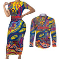 Custom NAIDOC Week 2024 Crows Couples Matching Short Sleeve Bodycon Dress and Long Sleeve Button Shirt Aboriginal Animals Keep The Fire Burning