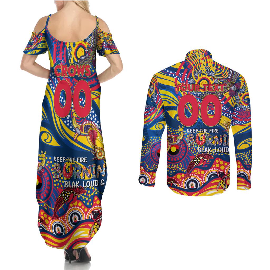 Custom NAIDOC Week 2024 Crows Couples Matching Summer Maxi Dress and Long Sleeve Button Shirt Aboriginal Animals Keep The Fire Burning