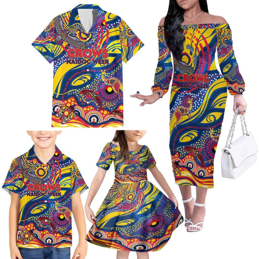 Custom NAIDOC Week 2024 Crows Family Matching Off The Shoulder Long Sleeve Dress and Hawaiian Shirt Aboriginal Animals Keep The Fire Burning