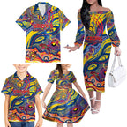 Custom NAIDOC Week 2024 Crows Family Matching Off The Shoulder Long Sleeve Dress and Hawaiian Shirt Aboriginal Animals Keep The Fire Burning