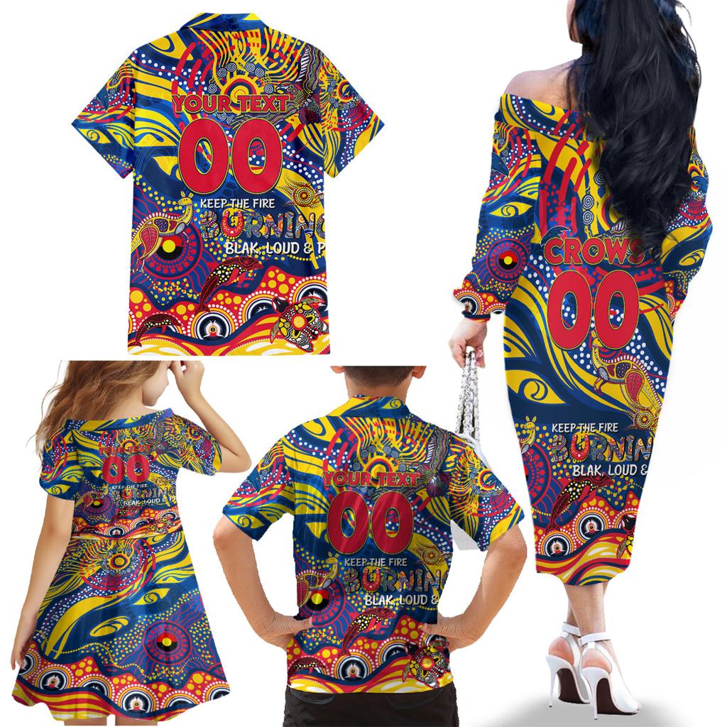 Custom NAIDOC Week 2024 Crows Family Matching Off The Shoulder Long Sleeve Dress and Hawaiian Shirt Aboriginal Animals Keep The Fire Burning