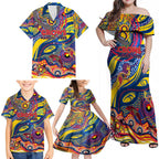 Custom NAIDOC Week 2024 Crows Family Matching Off Shoulder Maxi Dress and Hawaiian Shirt Aboriginal Animals Keep The Fire Burning