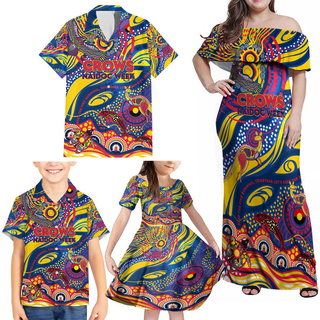 Custom NAIDOC Week 2024 Crows Family Matching Off Shoulder Maxi Dress and Hawaiian Shirt Aboriginal Animals Keep The Fire Burning